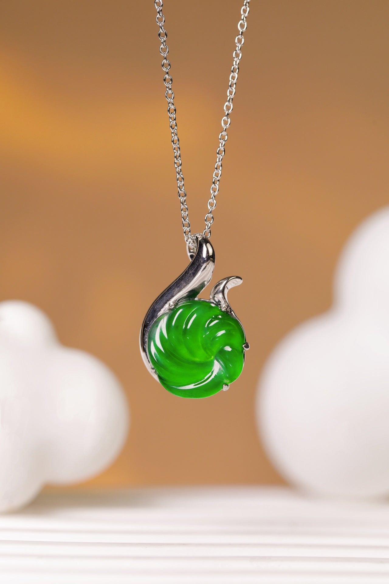 925 Silver "Swirling Dance" Jadeite Necklace (Overall Dimensions: 475mm x 21.8mm x 6mm)