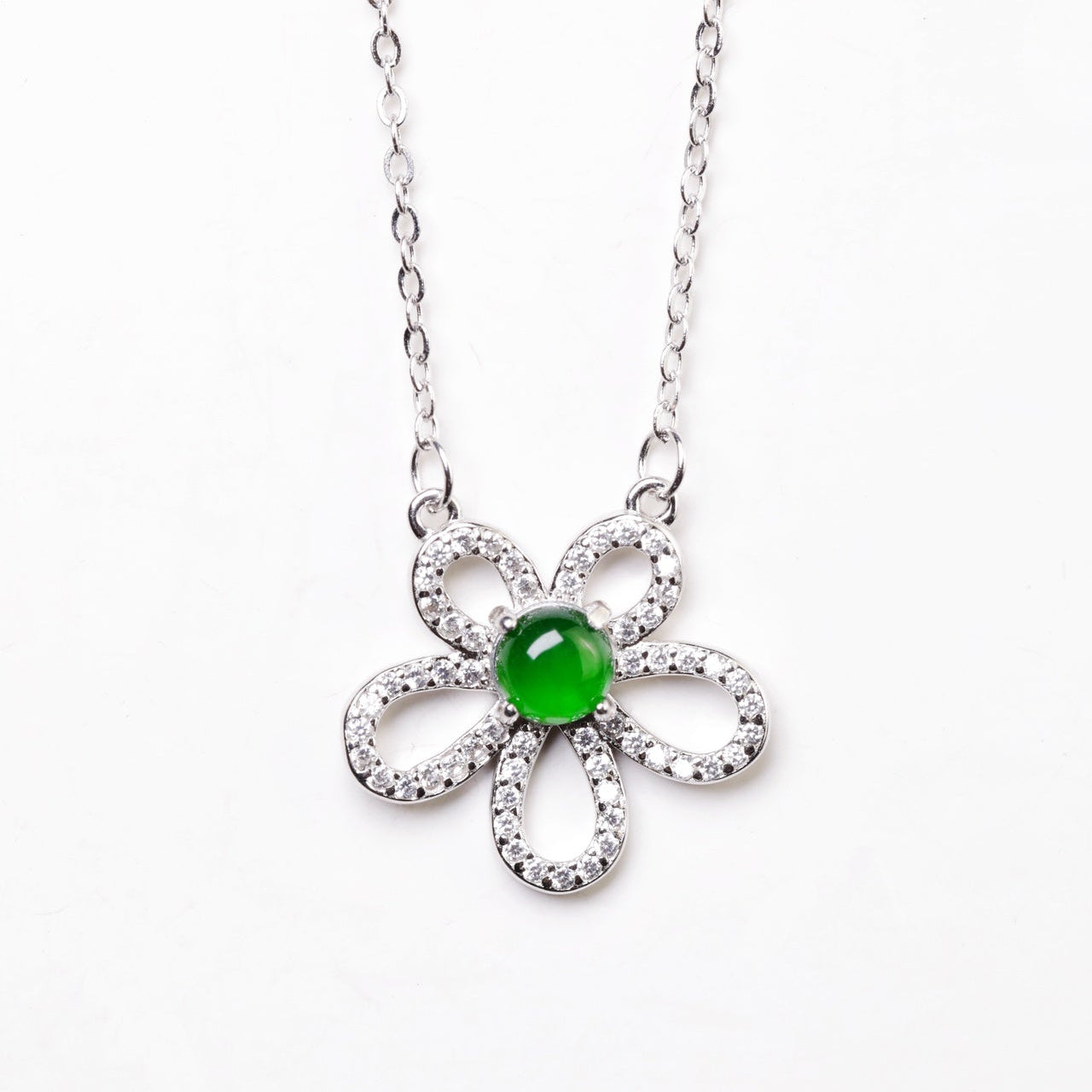 925 Silver Openwork Floral Jadeite Necklace (Overall Dimensions: 470mm x 17.3mm x 4.1mm)