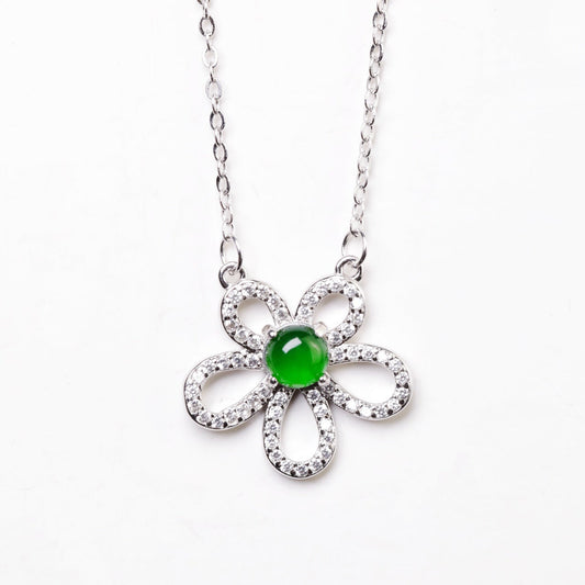 925 Silver Openwork Floral Jadeite Necklace (Overall Dimensions: 470mm x 17.3mm x 4.1mm)