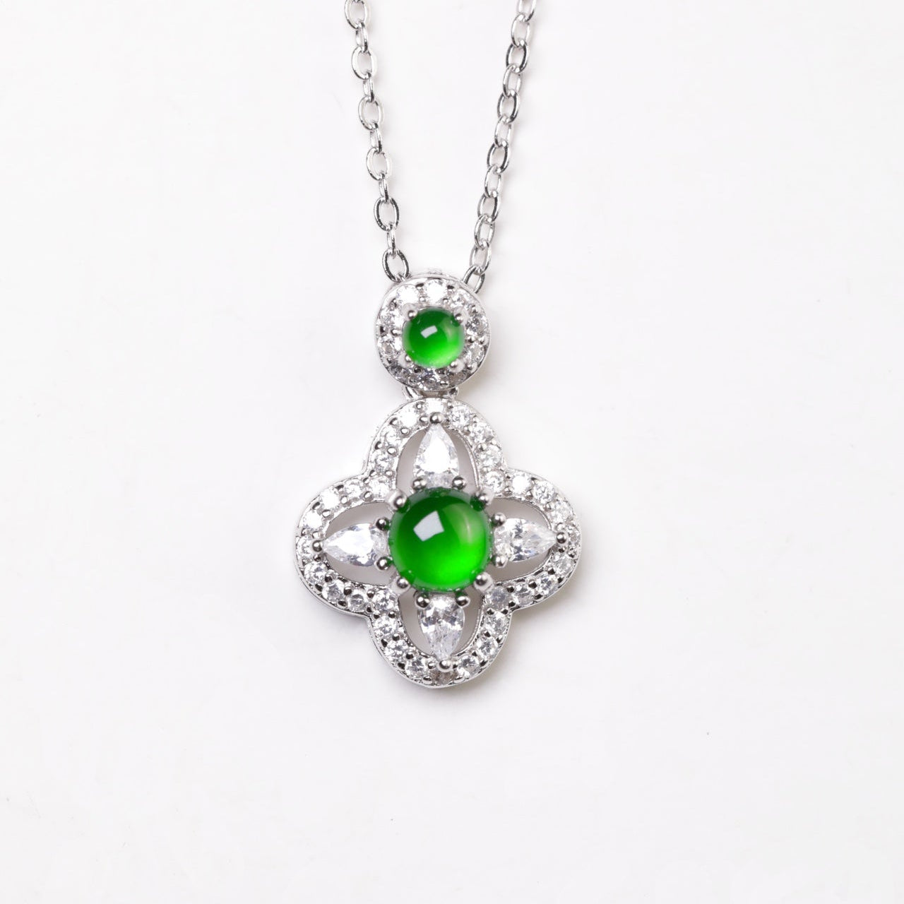 925 Silver Floral Jadeite Necklace (Overall Dimensions: 470mm x 13.3mm x 6mm)