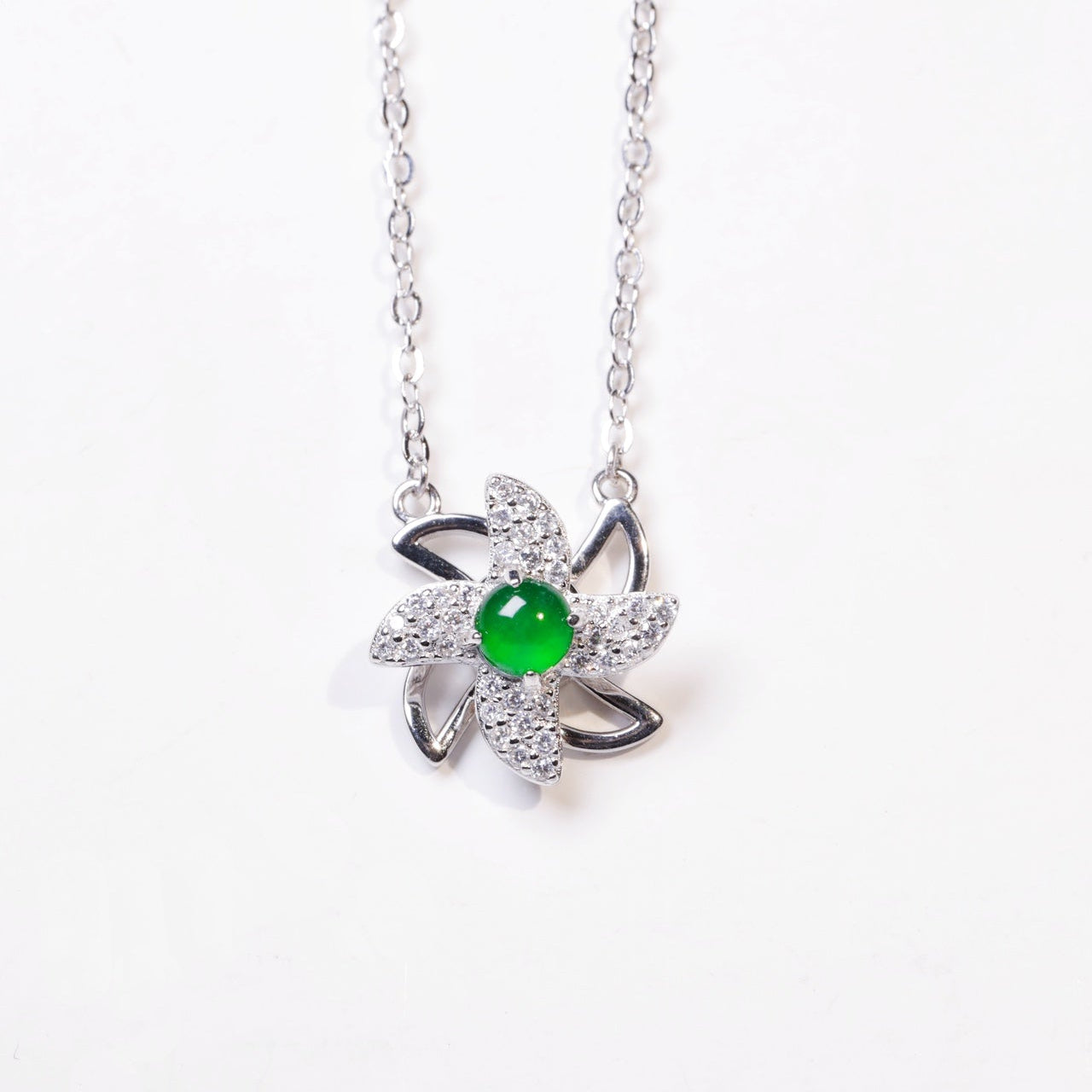 925 Silver Windmill Jadeite Necklace (Overall Dimensions: 480mm x 11.5mm x 7mm)