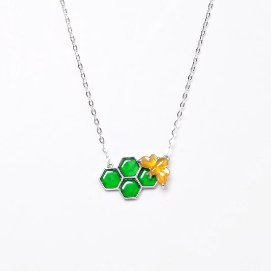 925 Silver Bee and Honeycomb Jade Necklace (Overall Dimensions: 460mm x 8.8mm x 6.3mm)