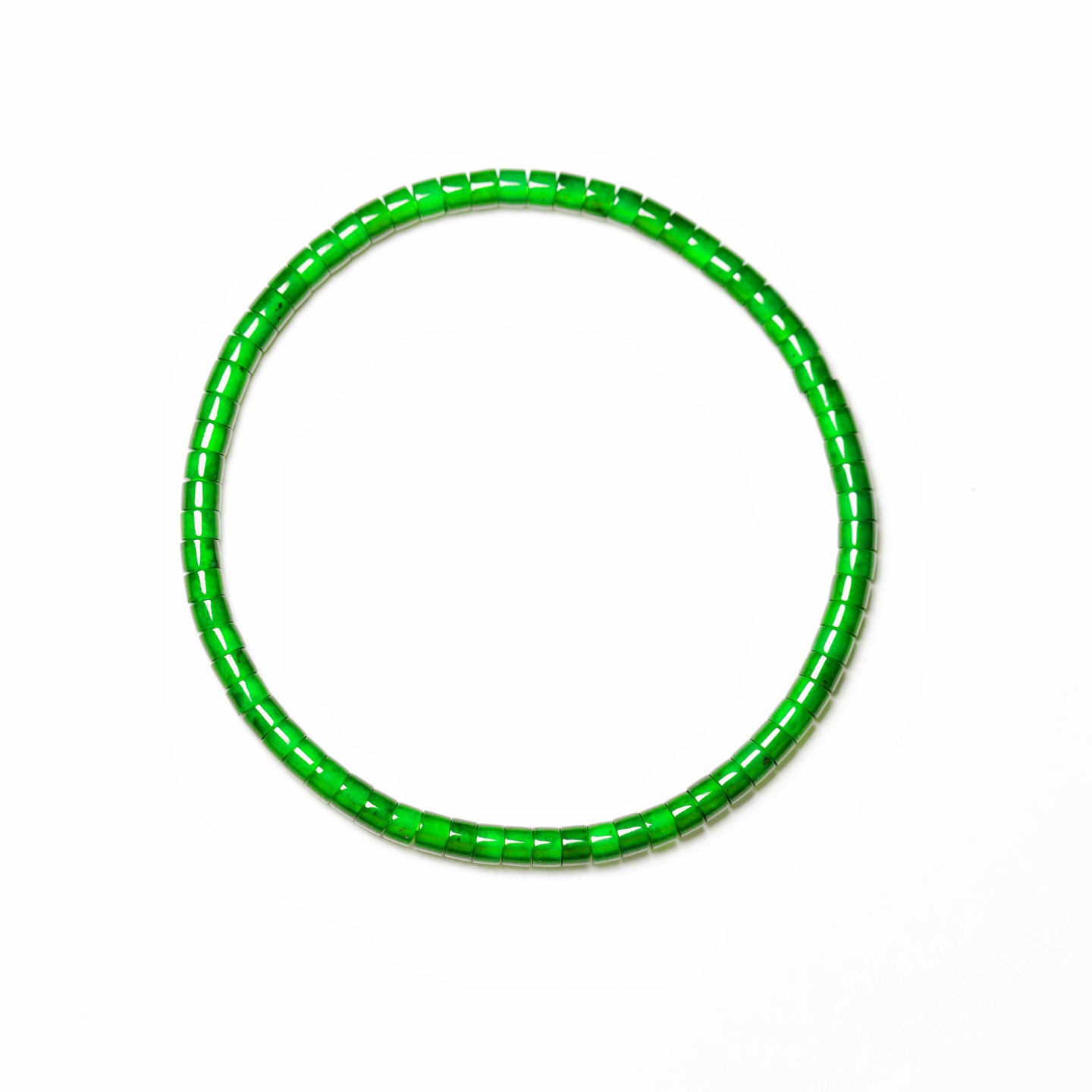 Barrel-bead jadeite bangles, 68 beads, dimensions 3.4mm x 2.5mm.