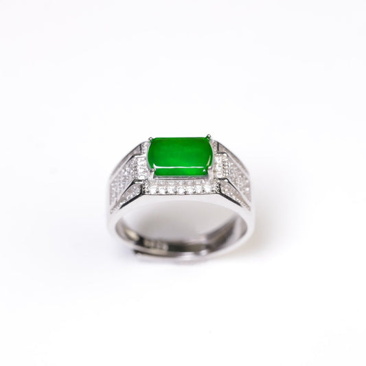 925 Silver Saddle-Style Jadeite Ring (Overall Dimensions: 12mm x 9mm x 5.6mm)