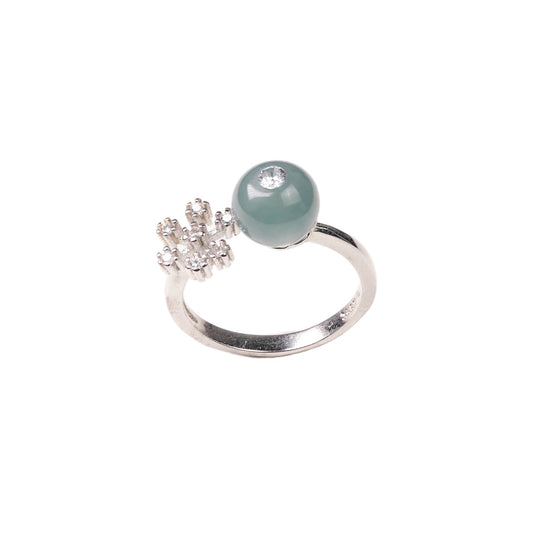 925 Silver Ring with Blue-Water Jadeite Cabochon (Overall Dimensions: 21mm x 8.4mm)