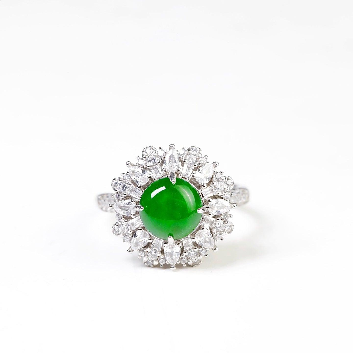 925 Silver Jadeite Ring with Oval Cabochon (Diamond-Accented Shank)