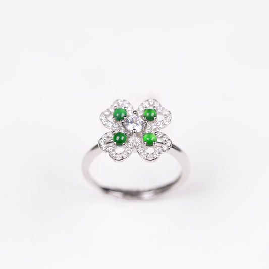 925 Silver Spinning Flower Jadeite Ring (Overall Dimensions: 14mm x 14mm x 6.3mm)
