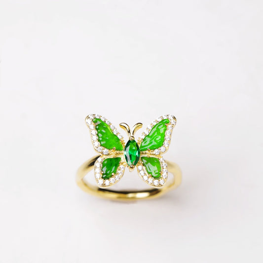 925 Silver Butterfly Jadeite Ring (Gold-tone); overall dimensions: 17.1mm x 14.2mm x 5.2mm.