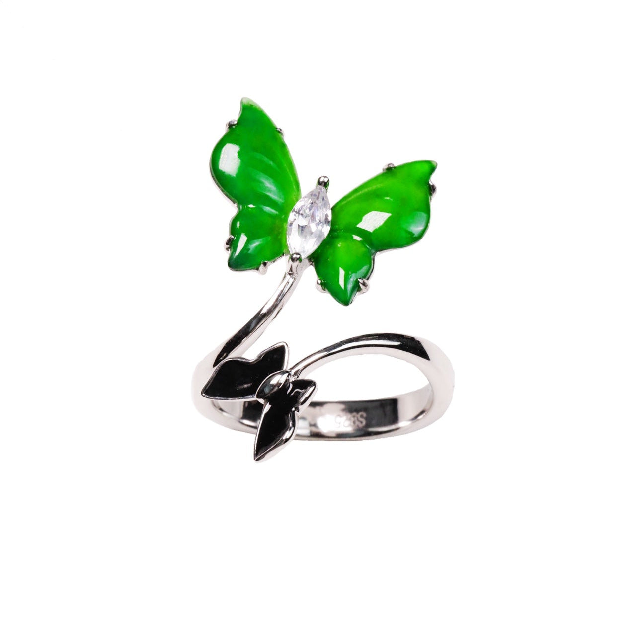925 Silver "Butterfly Wing" Jadeite Ring – Overall dimensions: 22mm x 21.8mm x 4mm