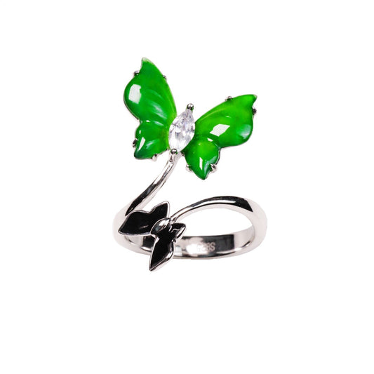 925 Silver "Butterfly Wing" Jadeite Ring – Overall dimensions: 22mm x 21.8mm x 4mm