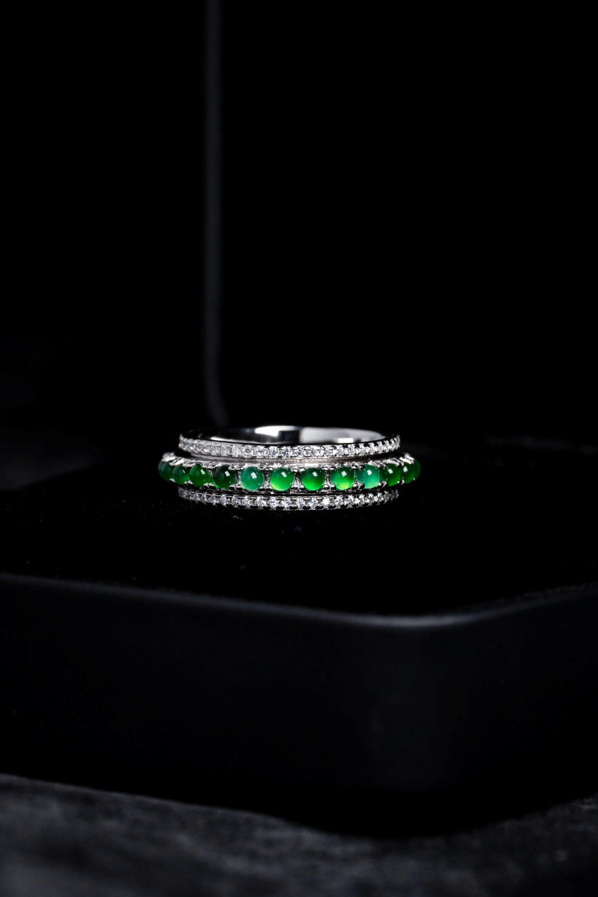 925 Silver Ring with Small Oval Jadeite Cabochon; Overall Dimensions: 16.9mm x 5.9mm x 3.1mm