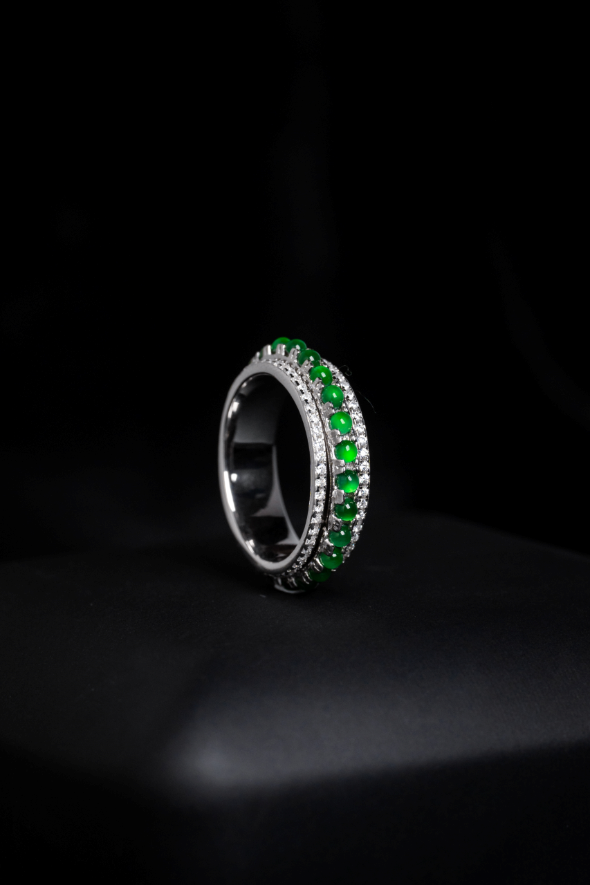 925 Silver Ring with Small Oval Jadeite Cabochon; Overall Dimensions: 16.9mm x 5.9mm x 3.1mm