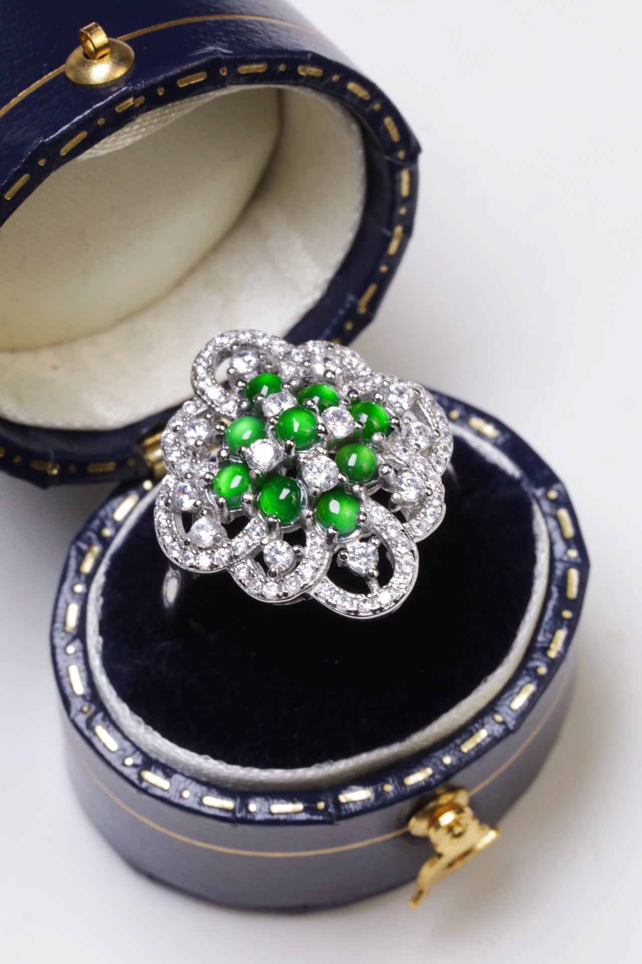 925 Silver Rhombus-Shaped Jadeite Cabochon Ring (Overall Dimensions: 20.8mm x 18.4mm x 7.1mm)