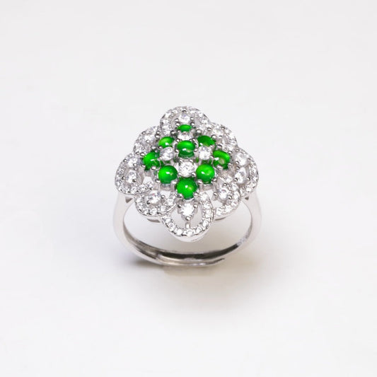 925 Silver Rhombus-Shaped Jadeite Cabochon Ring (Overall Dimensions: 20.8mm x 18.4mm x 7.1mm)