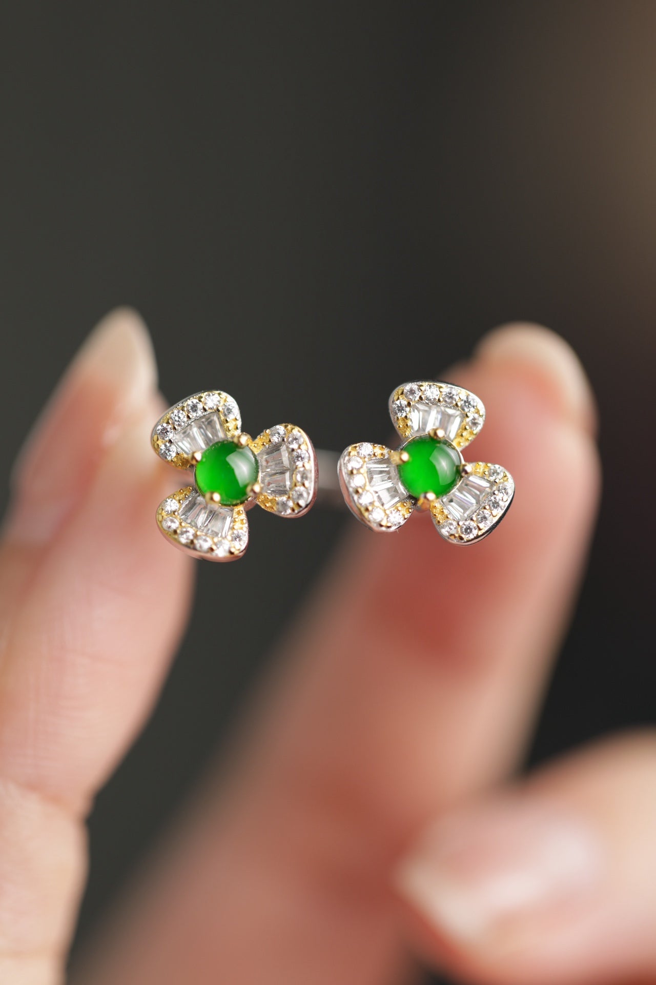 925 Silver "Twin Flower" Jadeite Ring (Overall dimensions: 19.8mm x 9.6mm x 4.5mm)