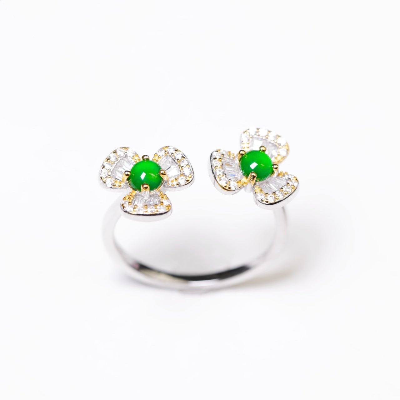 925 Silver "Twin Flower" Jadeite Ring (Overall dimensions: 19.8mm x 9.6mm x 4.5mm)
