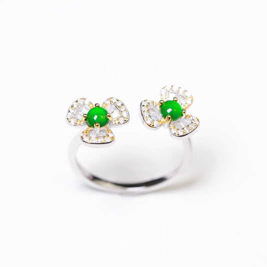 925 Silver "Twin Flower" Jadeite Ring (Overall dimensions: 19.8mm x 9.6mm x 4.5mm)