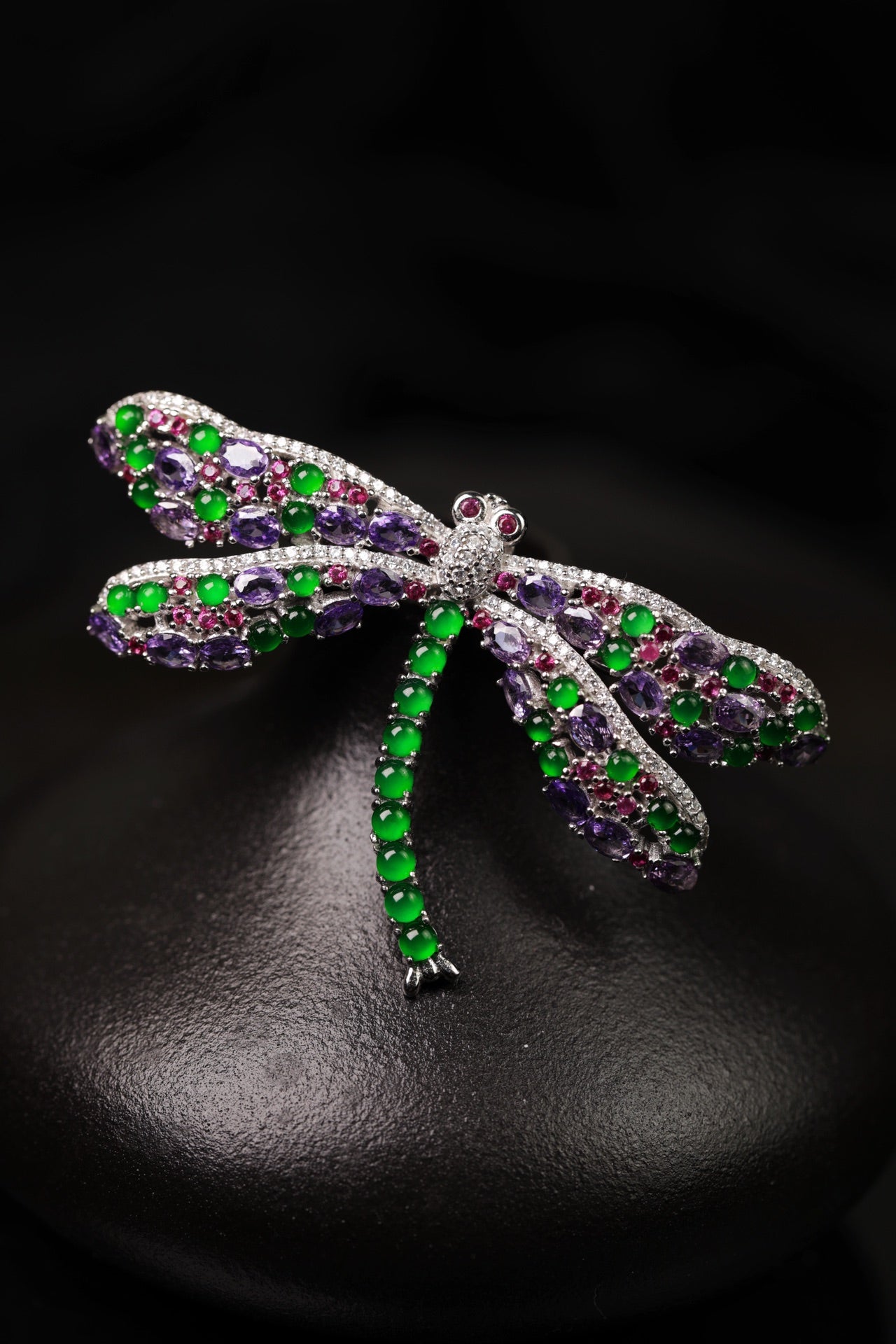 925 Silver Dragonfly Jadeite Brooch (Overall dimensions: 63mm x 37mm x 5mm)