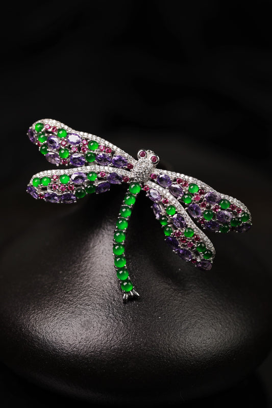 925 Silver Dragonfly Jadeite Brooch (Overall dimensions: 63mm x 37mm x 5mm)