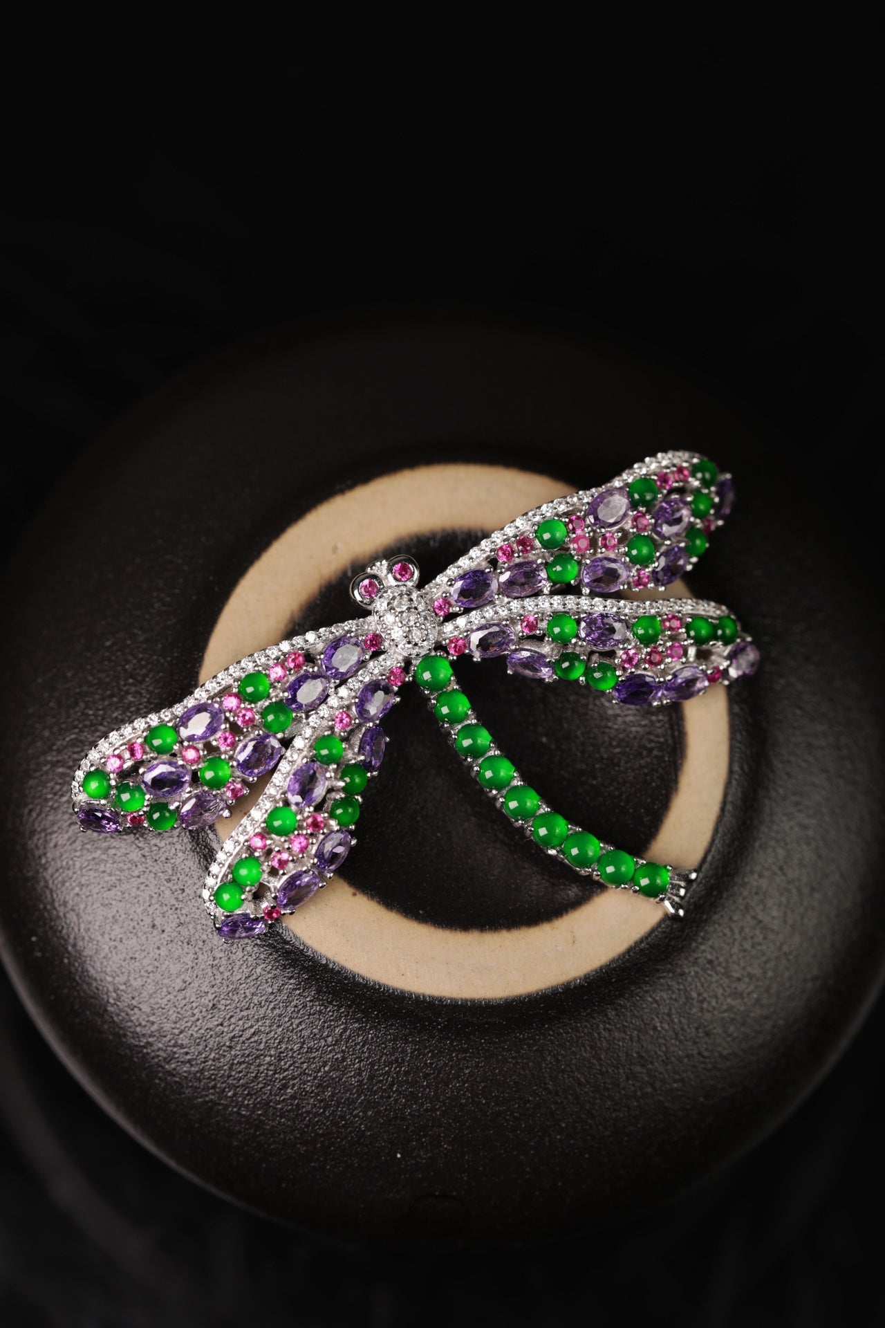 925 Silver Dragonfly Jadeite Brooch (Overall dimensions: 63mm x 37mm x 5mm)