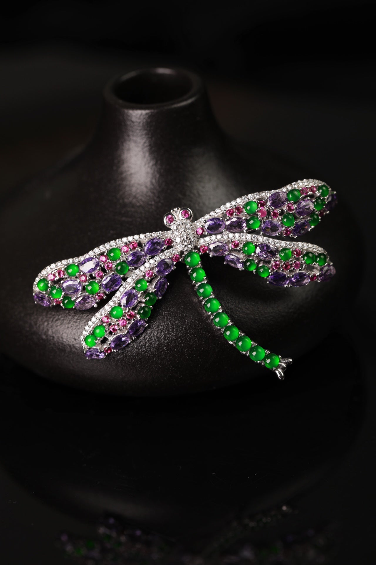 925 Silver Dragonfly Jadeite Brooch (Overall dimensions: 63mm x 37mm x 5mm)