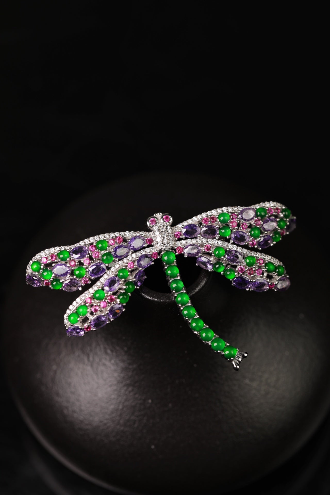 925 Silver Dragonfly Jadeite Brooch (Overall dimensions: 63mm x 37mm x 5mm)