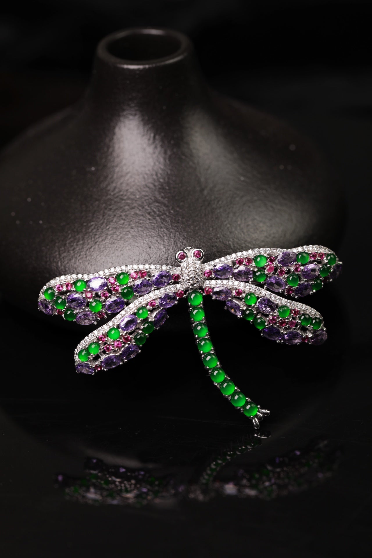 925 Silver Dragonfly Jadeite Brooch (Overall dimensions: 63mm x 37mm x 5mm)