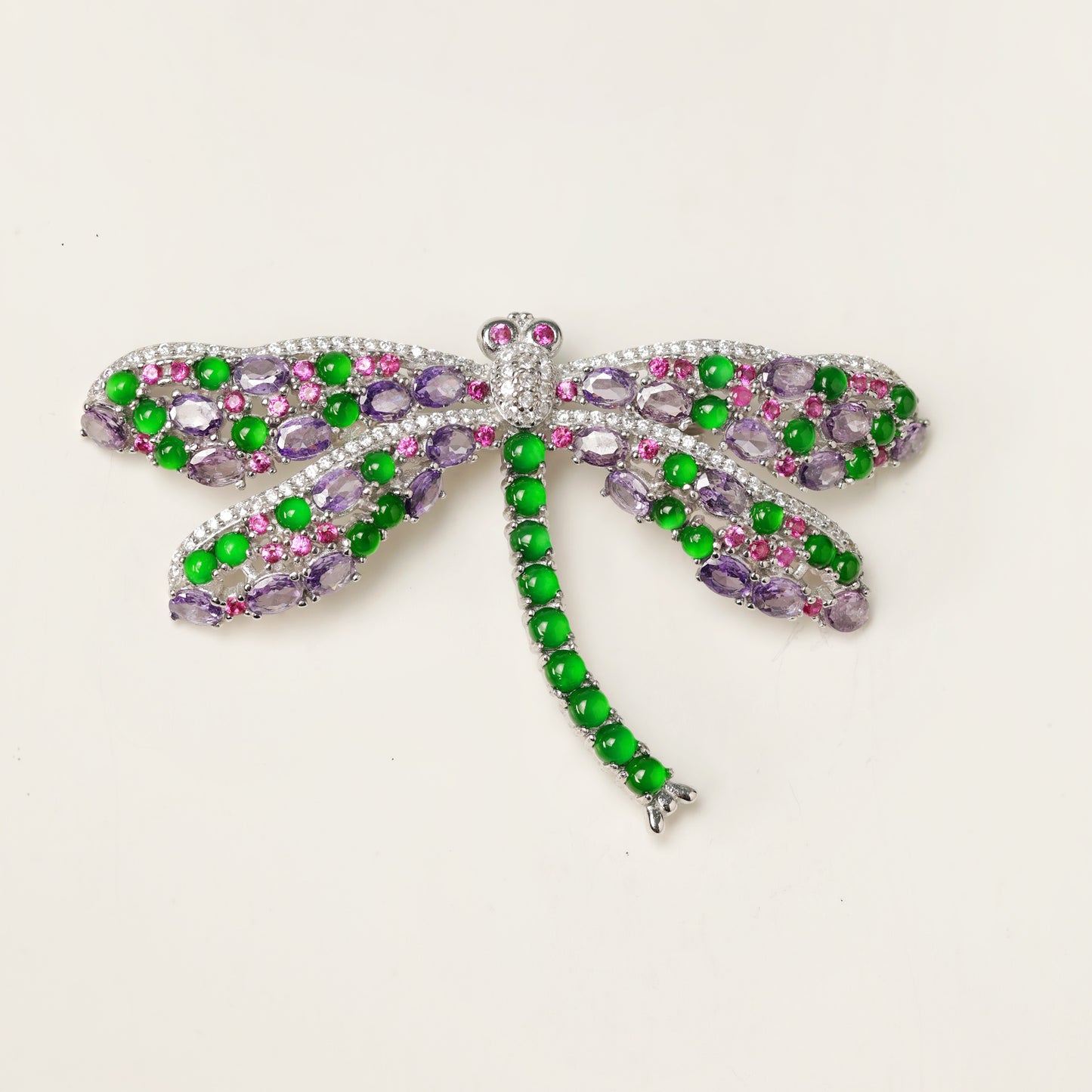 925 Silver Dragonfly Jadeite Brooch (Overall dimensions: 63mm x 37mm x 5mm)