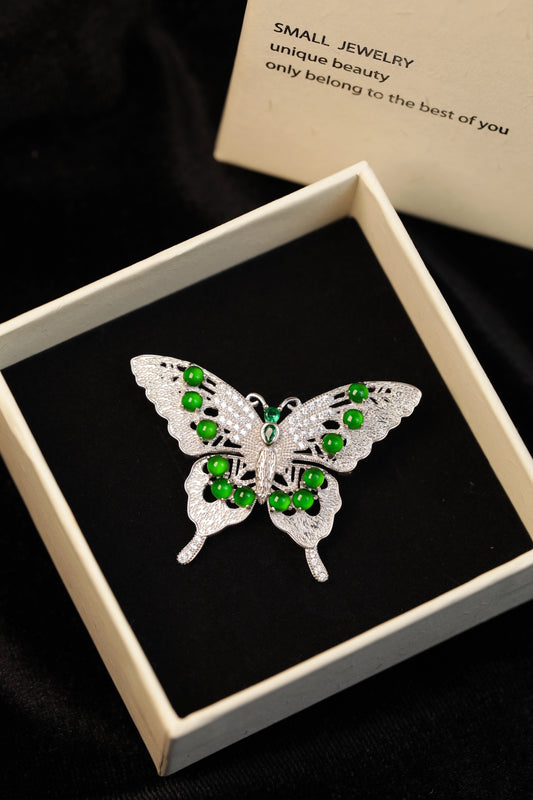 925 Silver Butterfly Jadeite Brooch; overall dimensions: 47mm x 33.5mm x 6.5mm.