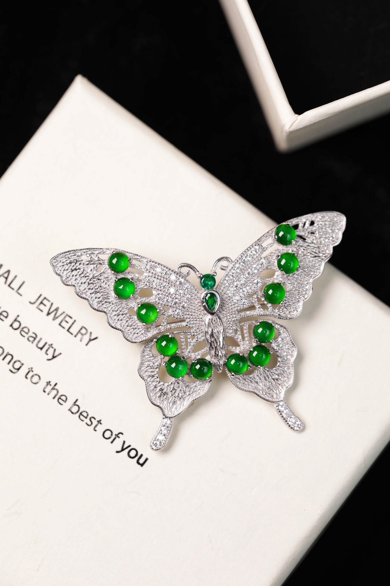 925 Silver Butterfly Jadeite Brooch; overall dimensions: 47mm x 33.5mm x 6.5mm.
