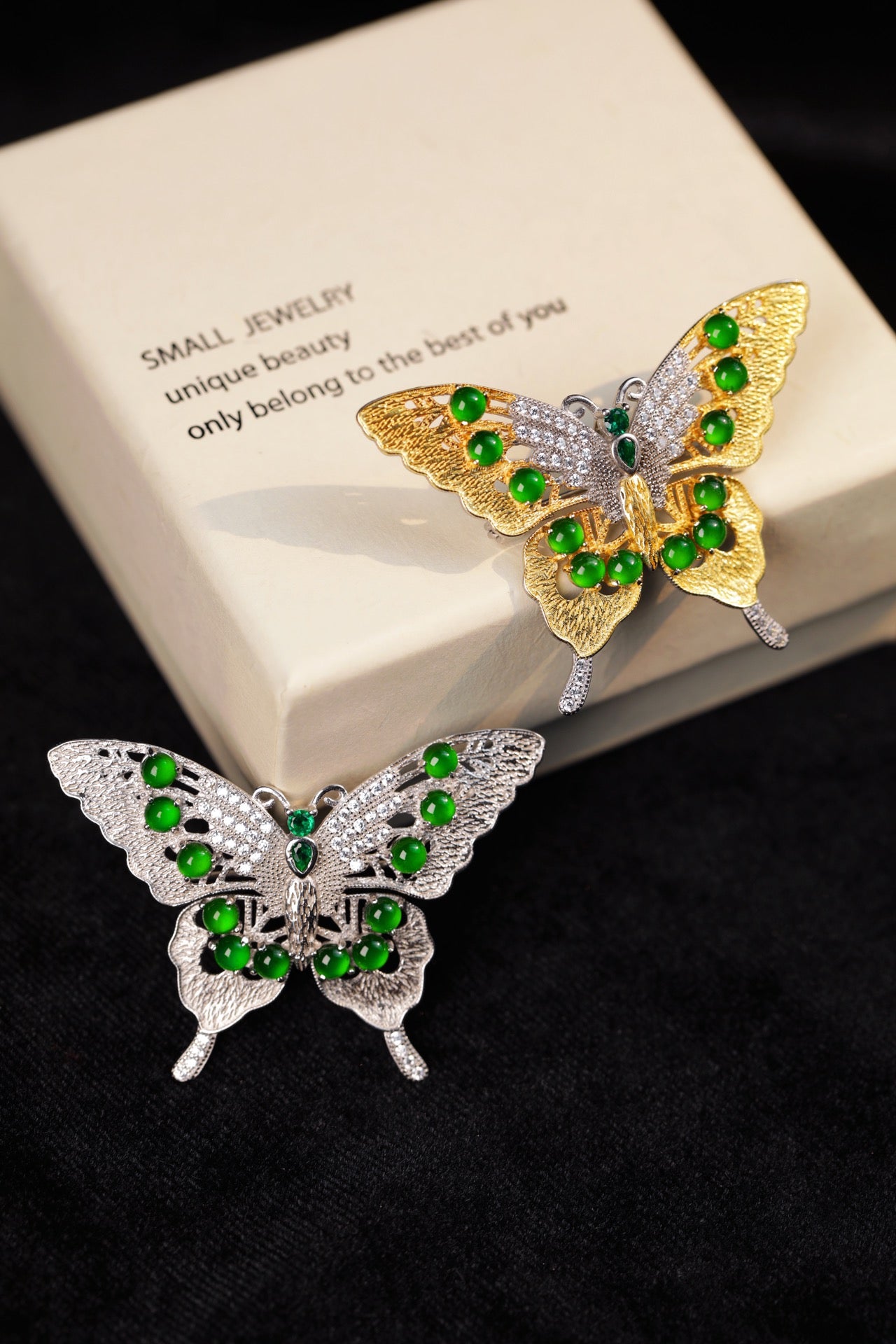 925 Silver Butterfly Jadeite Brooch; overall dimensions: 47mm x 33.5mm x 6.5mm.