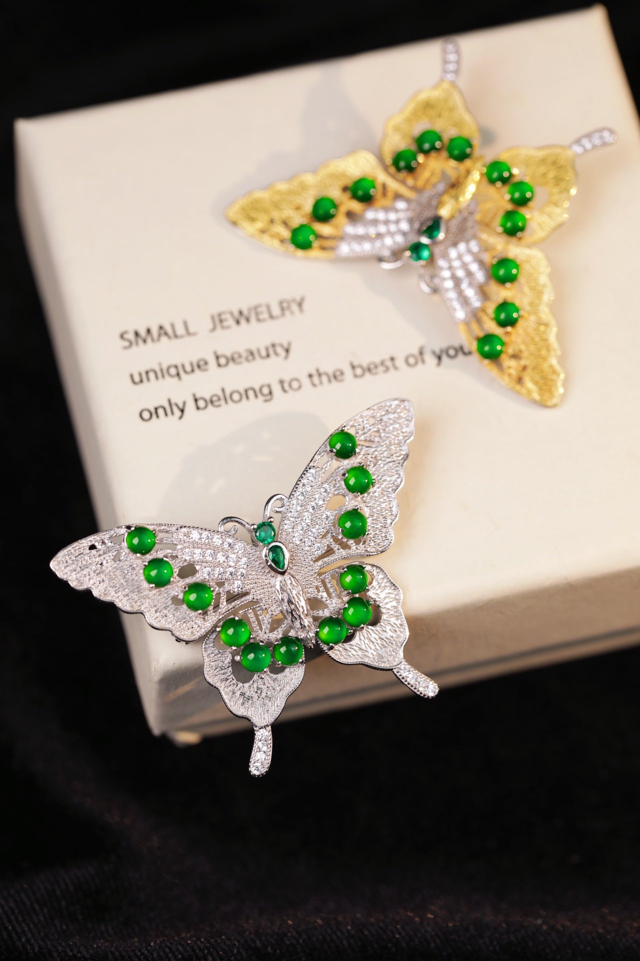 925 Silver Butterfly Jadeite Brooch; overall dimensions: 47mm x 33.5mm x 6.5mm.