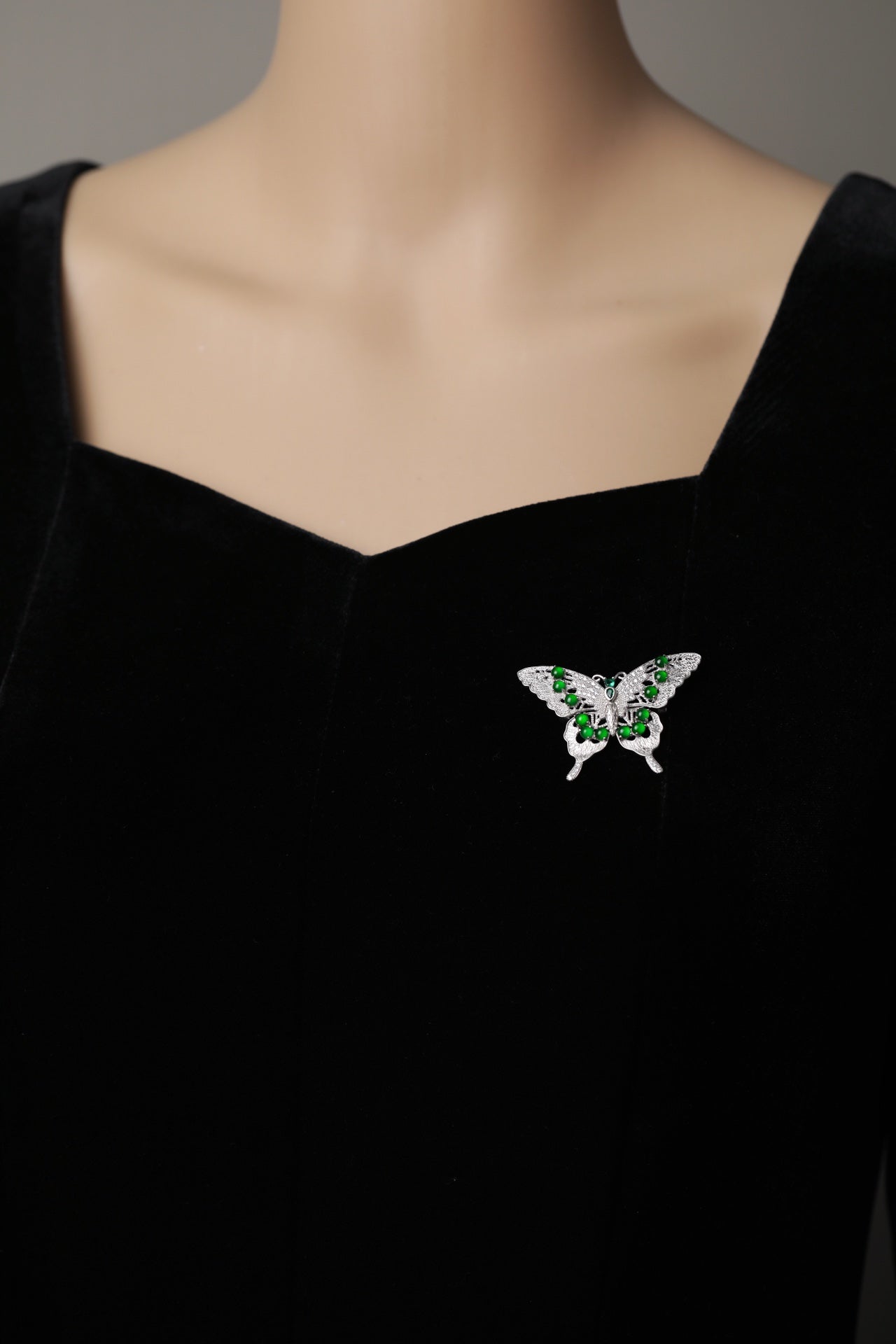 925 Silver Butterfly Jadeite Brooch; overall dimensions: 47mm x 33.5mm x 6.5mm.