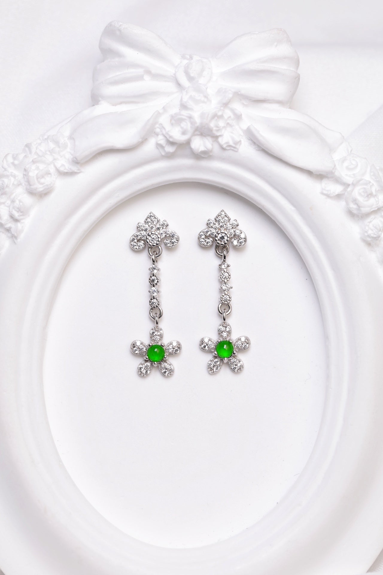925 silver and jadeite flower drop earrings; overall dimensions: 29.3mm x 8.7mm x 2mm.