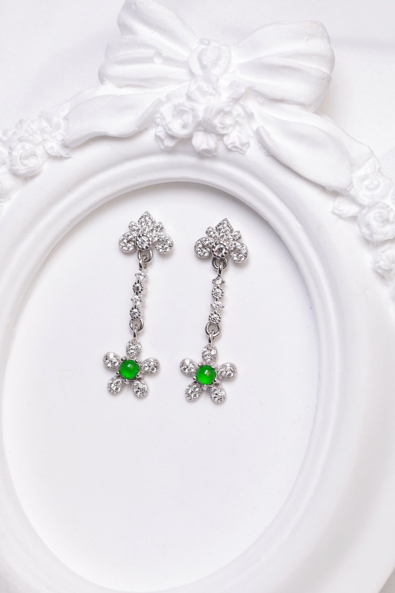 925 silver and jadeite flower drop earrings; overall dimensions: 29.3mm x 8.7mm x 2mm.