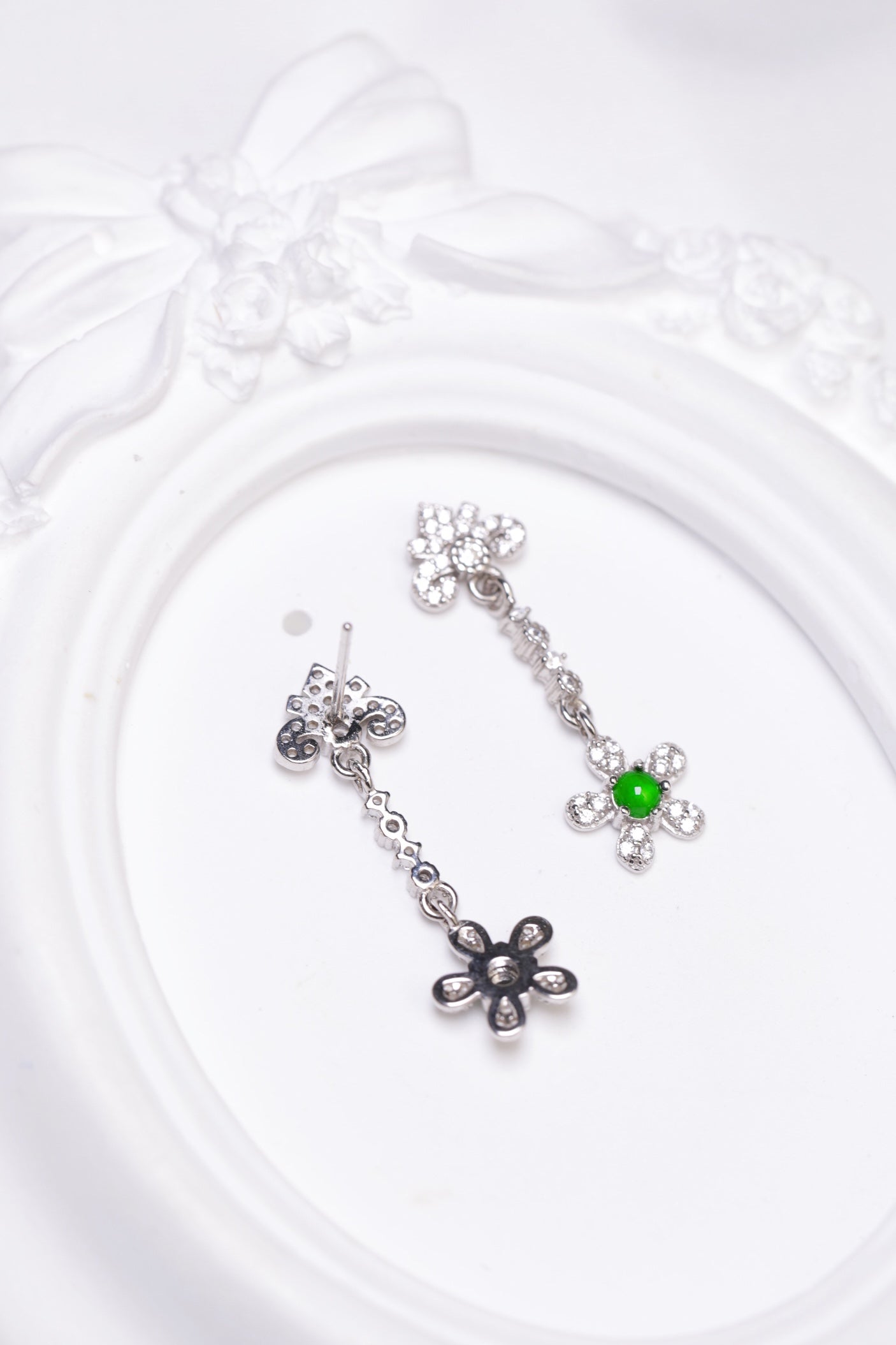 925 silver and jadeite flower drop earrings; overall dimensions: 29.3mm x 8.7mm x 2mm.