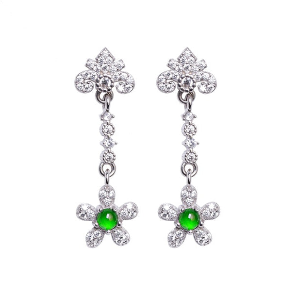 925 silver and jadeite flower drop earrings; overall dimensions: 29.3mm x 8.7mm x 2mm.