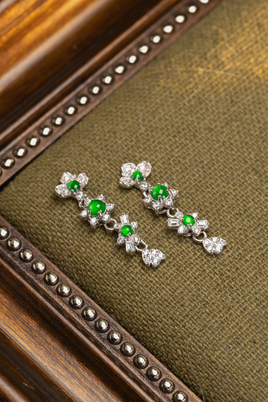 925 Silver Floral Jadeite Earrings with Oval Cabochons (Overall Dimensions: 26.3mm x 7.5mm x 5.2mm)