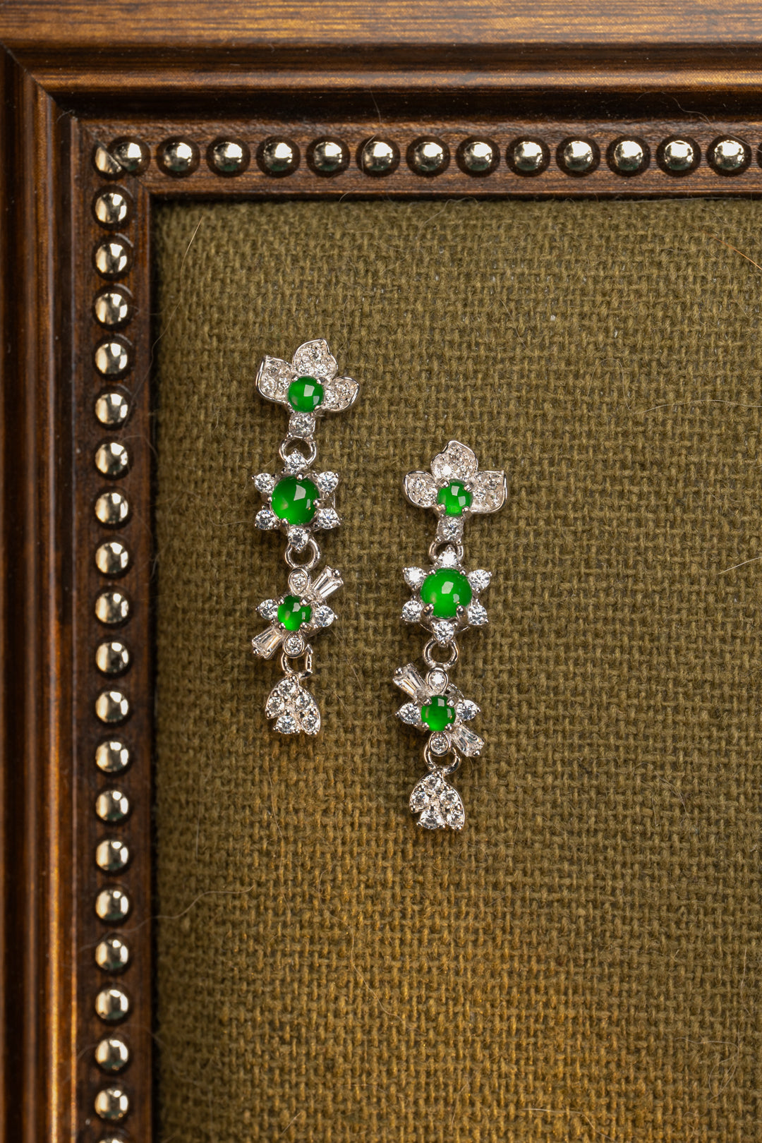 925 Silver Floral Jadeite Earrings with Oval Cabochons (Overall Dimensions: 26.3mm x 7.5mm x 5.2mm)