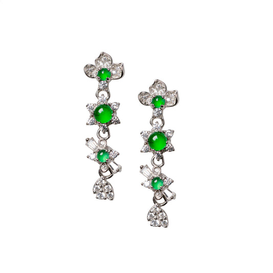 925 Silver Floral Jadeite Earrings with Oval Cabochons (Overall Dimensions: 26.3mm x 7.5mm x 5.2mm)