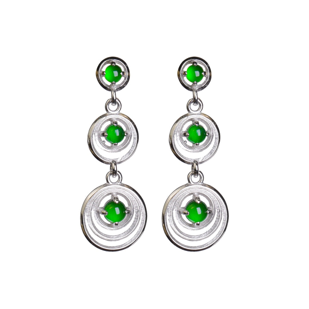 925 silver triple-loop jadeite stud earrings; overall dimensions: 25.5mm x 10mm x 2.5mm.
