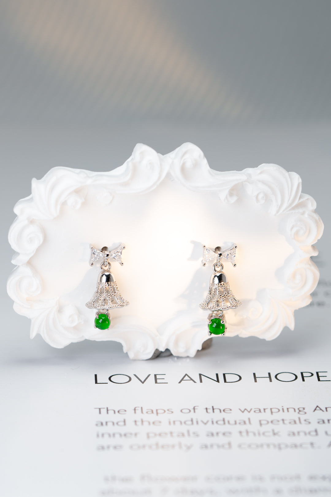 925 Silver Bell and Jadeite Stud Earrings (Overall Dimensions: 19mm x 9.4mm x 6mm)
