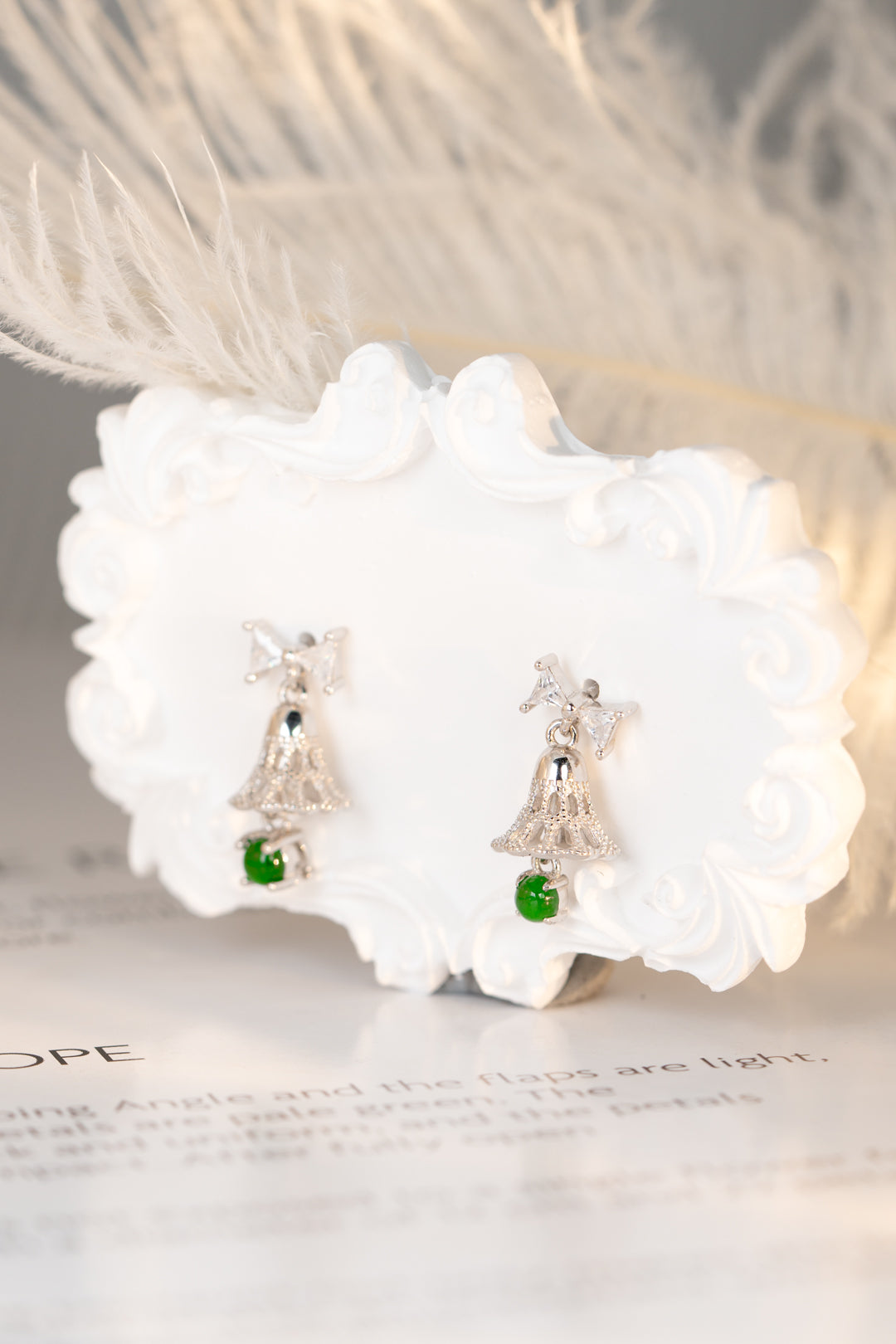 925 Silver Bell and Jadeite Stud Earrings (Overall Dimensions: 19mm x 9.4mm x 6mm)