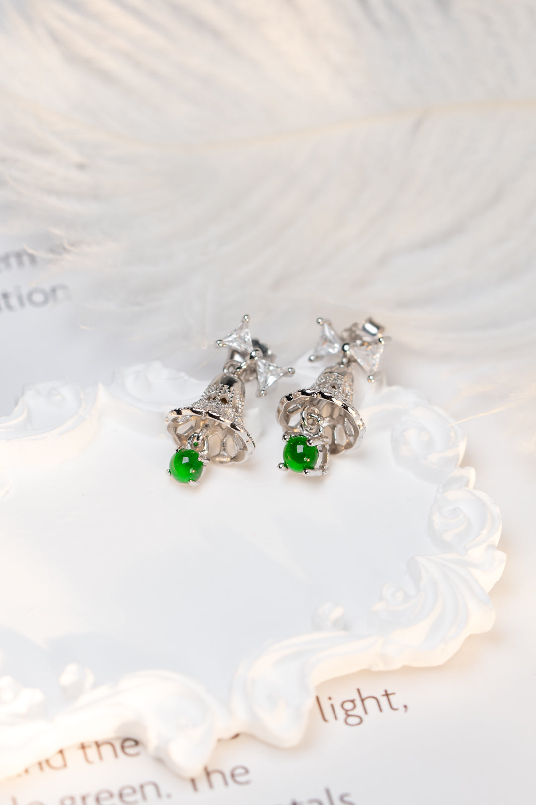 925 Silver Bell and Jadeite Stud Earrings (Overall Dimensions: 19mm x 9.4mm x 6mm)