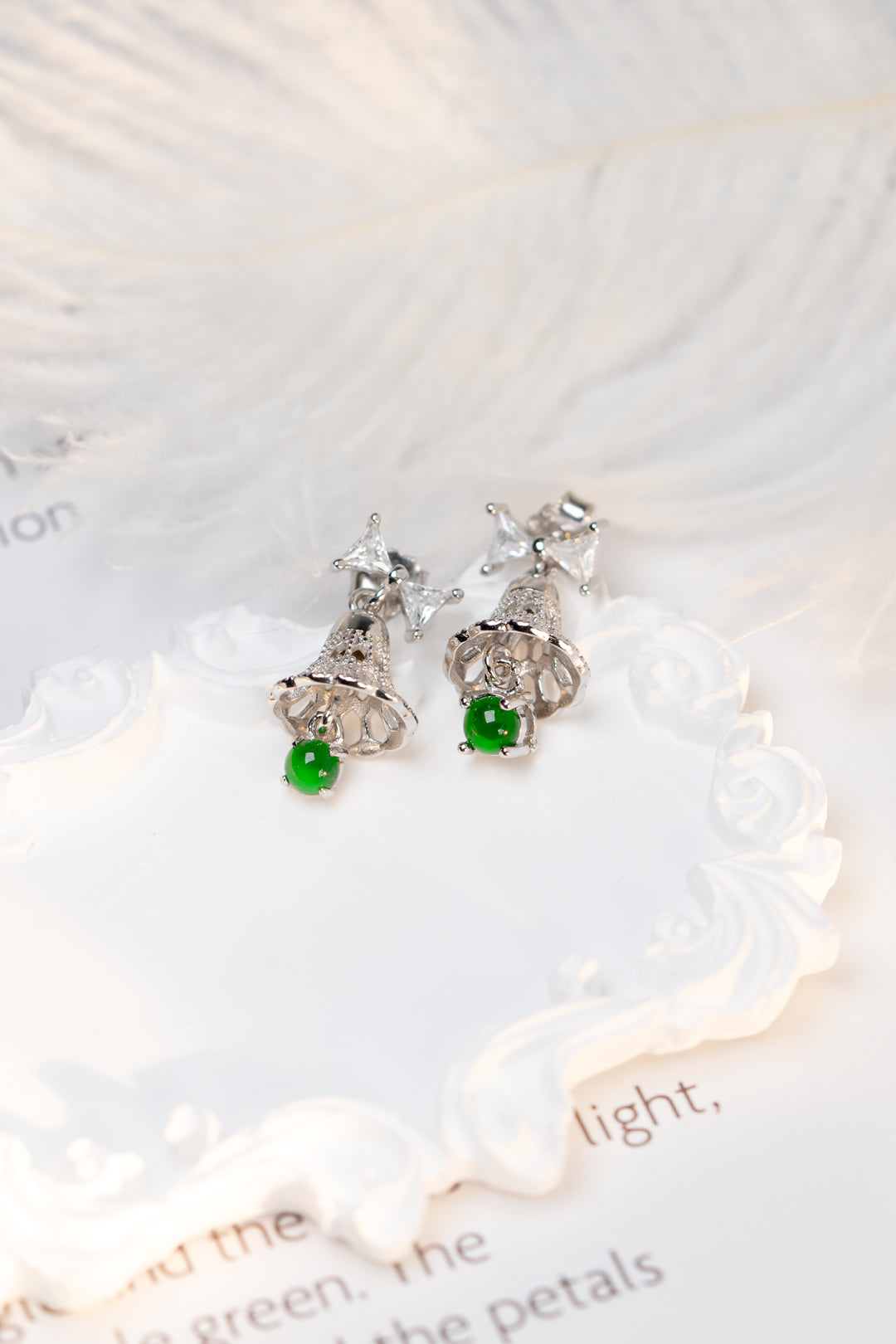 925 Silver Bell and Jadeite Stud Earrings (Overall Dimensions: 19mm x 9.4mm x 6mm)