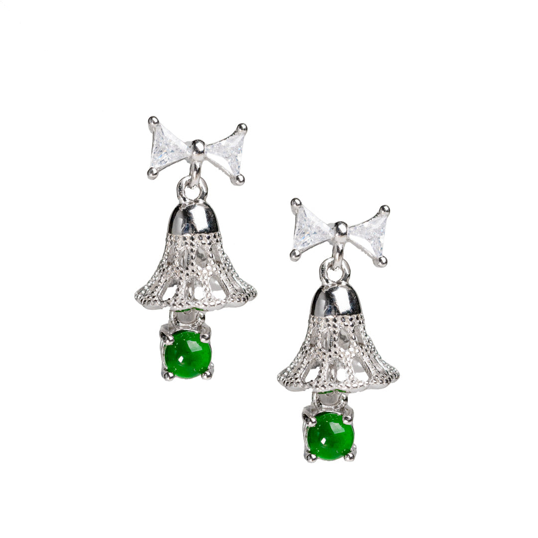 925 Silver Bell and Jadeite Stud Earrings (Overall Dimensions: 19mm x 9.4mm x 6mm)