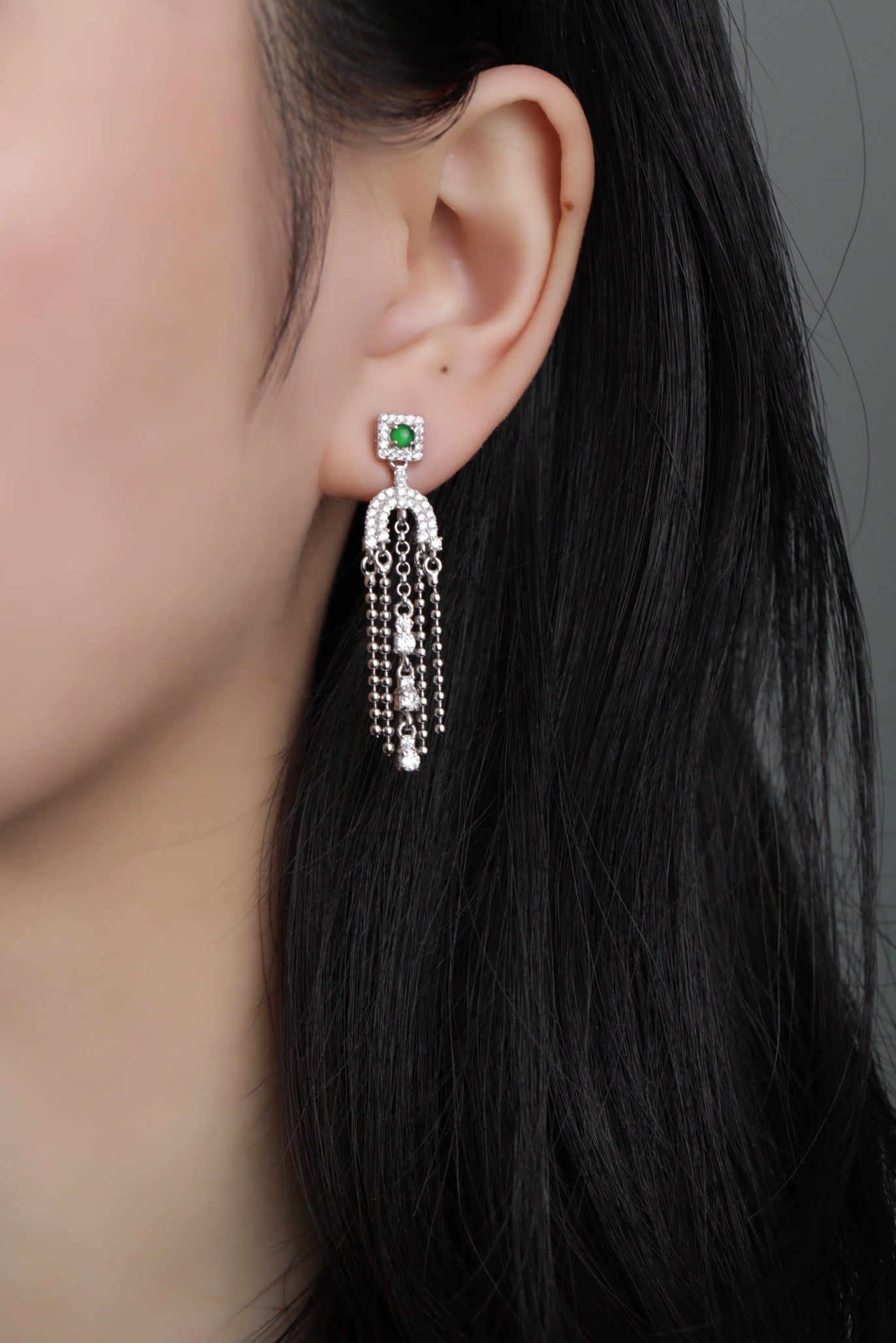 925 Silver Tassel Jadeite Earrings (Overall Dimensions: 43mm x 10mm x 4mm)