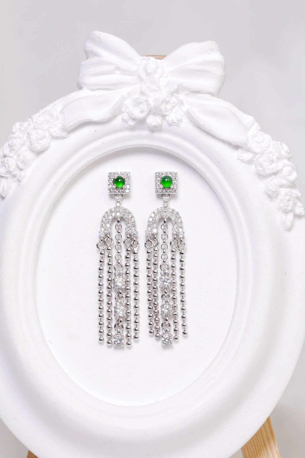 925 Silver Tassel Jadeite Earrings (Overall Dimensions: 43mm x 10mm x 4mm)