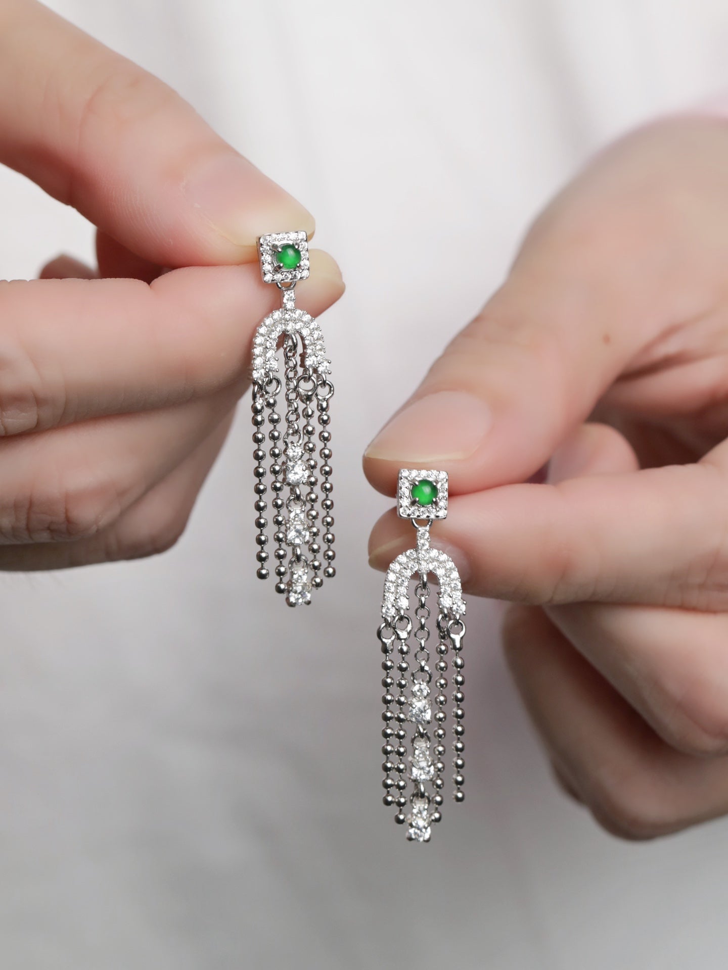 925 Silver Tassel Jadeite Earrings (Overall Dimensions: 43mm x 10mm x 4mm)