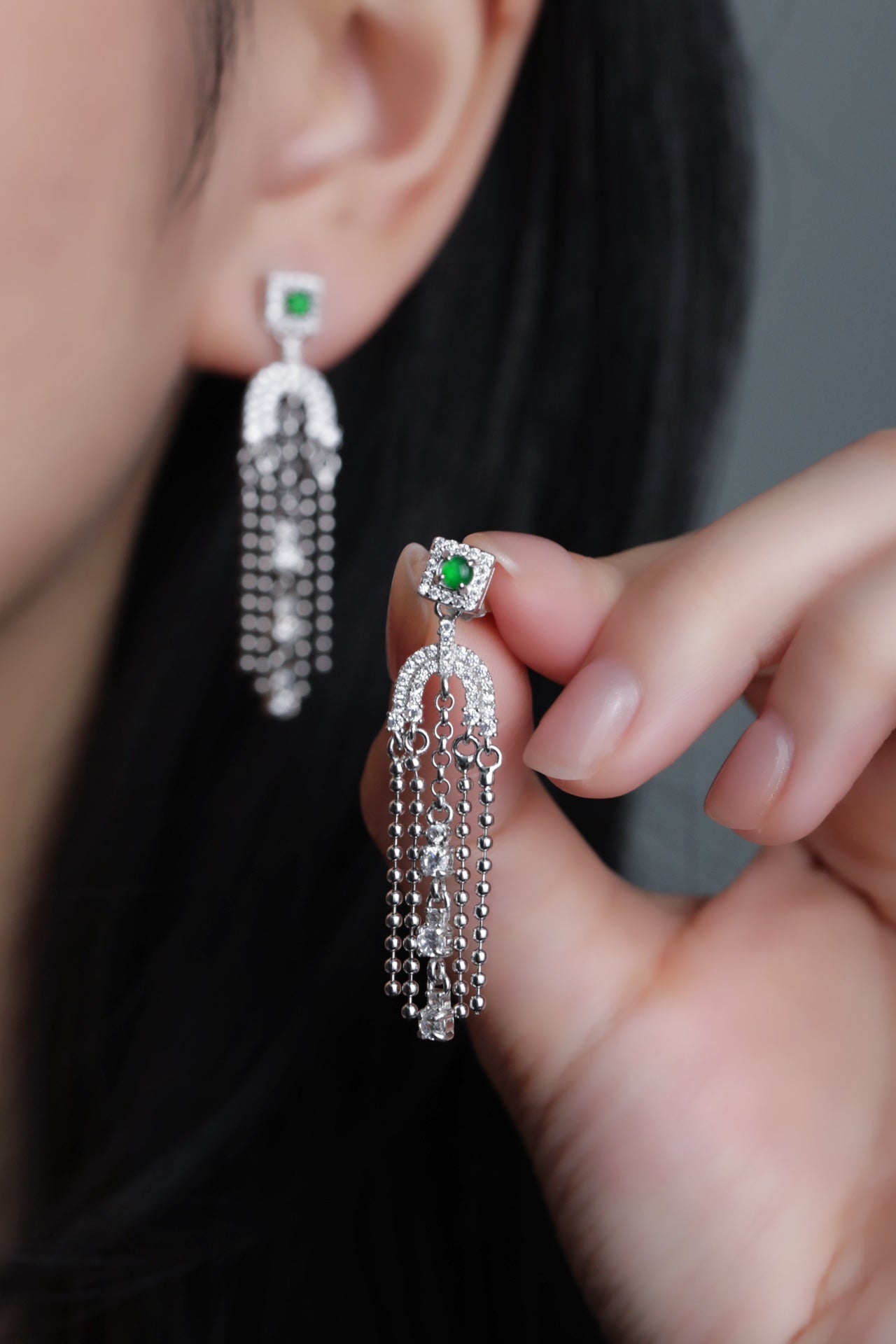 925 Silver Tassel Jadeite Earrings (Overall Dimensions: 43mm x 10mm x 4mm)
